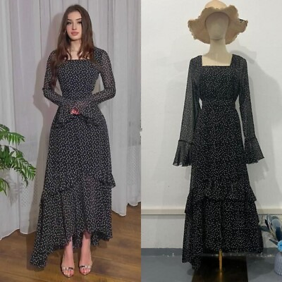 #ad Summer Women Polka Dot Chiffon Dress Long Sleeve Gown Cocktail Party Dresses $27.51