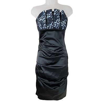 #ad Betsy amp; Adam Strapless Cocktail Dress Women 6 Black Satin Lace Overlay Blue USA $35.00