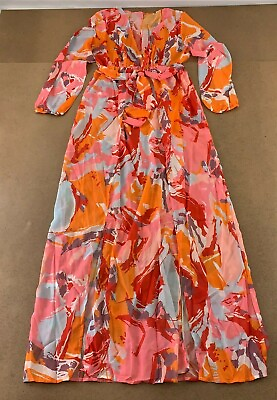 #ad Women#x27;s Size XXL Colorful Print Long Sleeve Chiffon Deep V Neck Maxi Dress New $25.49