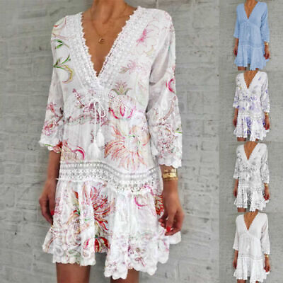 #ad Womens Boho V Neck Floral Mini Dress Ladies Holiday Casual Loose Short Sundress $35.99