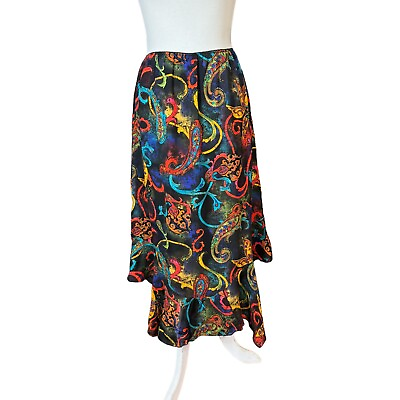 #ad Chico#x27;s Silk Black Multi Color Paisley Mermaid Handkerchief Flowy Skit Sz 2 M￼ $29.99