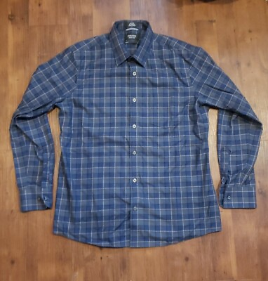 Nordstrom mens shop navy blue plaid button down shirt L trim fit $15.00