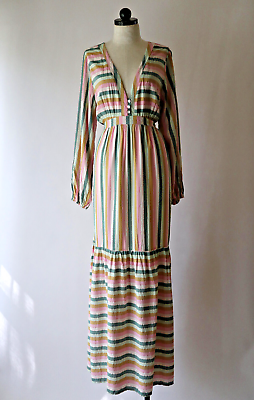 #ad #ad Self Contrast Pastel Metallic Striped Bohemian Long Sleeve Maxi Dress Women L $119.99