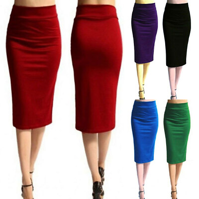 #ad Womens Pencil Skirt Stretch Elastic Waist High Waisted Knee Length Office □ $11.07