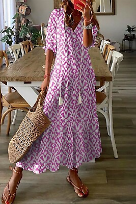 #ad Pink V Neck Casual Geometric Print Maxi Dress $40.22