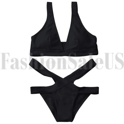 #ad 2pcs Women#x27;s Black Sexy Criss Cross Hollow Low Waist Bandage Bikini Set Swimsuit $17.99