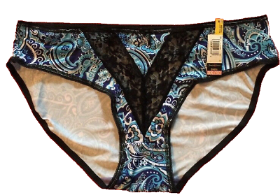 #ad #ad Womens Blue Bikini Panties Size 3X 10 White Scrolls Sexy V Black Lace Inset NEW $14.13