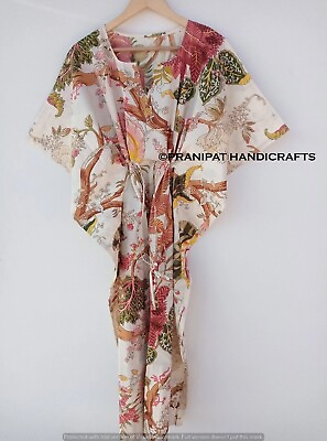 #ad Women Hippie Cotton Summer Sleepwear Rose Print Beige Long Maxi Caftan Dress $22.55