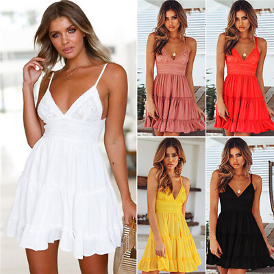 #ad Womens Ladies Sexy Lace Sling Boho Dress Summer Beach Holiday Flared Sundress US $24.99