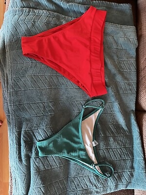 #ad 2 Women#x27;s Bikini Bottoms 2 high cut bottoms both large teal and red $9.99