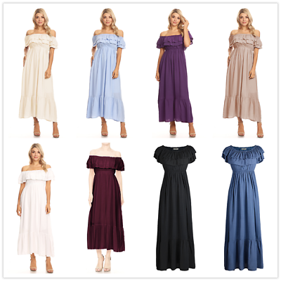 #ad Womens Boho Peasant Ruffle Stretchy Short Sleeve Long Dress $35.99