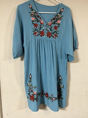 #ad Boho Tunic Mini Dress Women’s Medium Blue With Embrodiered Detail Floral $20.00