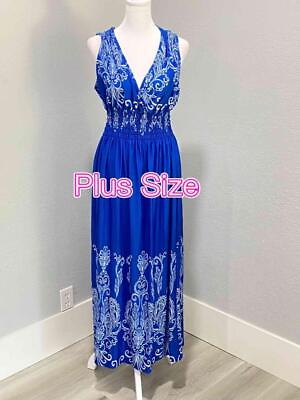 #ad NEW Blue White Floral Classic Plus Size Maxi Dress Timeless Flattering $25.00