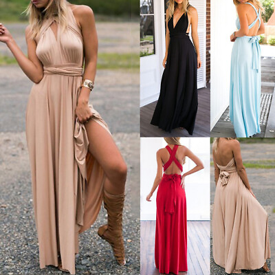 #ad Women Sexy Backless Evening Cocktail Party Dress High Split Maxi Dress Ball Gown $31.49