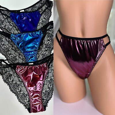 #ad #ad M 6 Metallic Liquid Wet String Bikini Panty Lot Hi Cut Semi Sheer Briefs 3pc $22.40