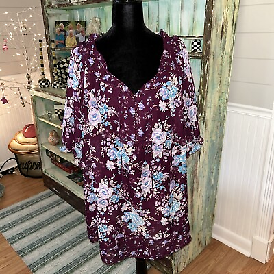#ad Woman Within Boho Top Large 18 20 Burgundy Floral Peasant Flowy Button Shirt $11.00