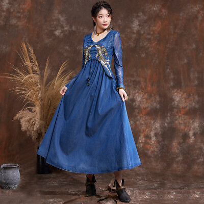 #ad New Women#x27;s Denim Dress Embroidered Maxi Shirt Dresses Blue A2572 $65.00