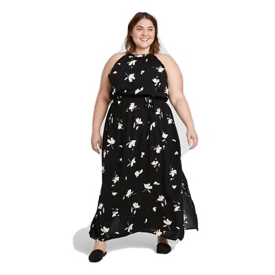 #ad Women’s Plus Size Floral Sleeveless Smocked Halter Neck Maxi Dress $15.00