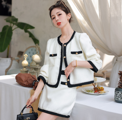 #ad Women 2 Piece Set Single Breasted Pearl Decor Short Jacket Coat Mini Skirt Suits $87.18