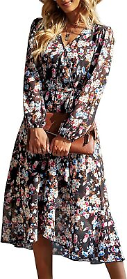 #ad PRETTYGARDEN Women#x27;s Floral Print Boho Dress Long Sleeve Wrap V Neck Ruffle Belt $128.07