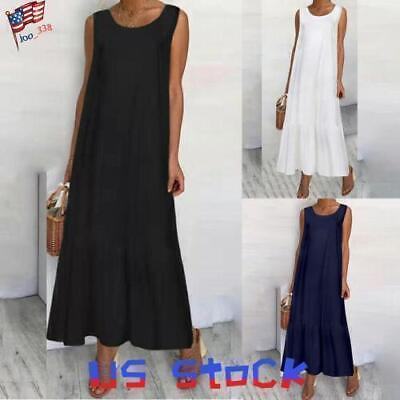 #ad Plus Size Womens Cotton Linen Long Maxi Dress Ladies Sleeveless Casual Sundress $19.49