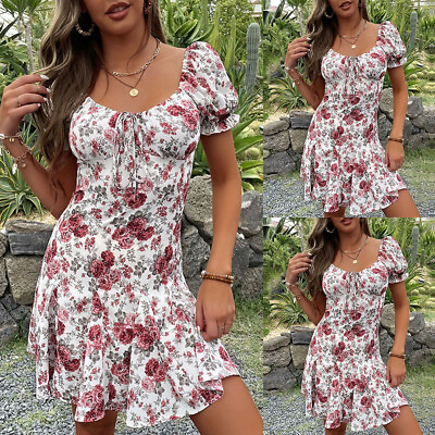 #ad Sexy Summer Women Floral Mini Dress Short Sleeve Beach Holiday Party Swing Dress $20.67