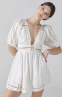 #ad Urban Outfitters White Boho Dress Plunge Strappy Cotton Short Dress Size L $58.24