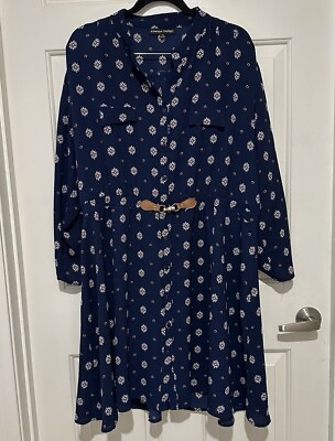 #ad Navy Blue Dress 3x Long Sleeve Blouson Floral Pattern Mock Neck Bohemian Style $15.00