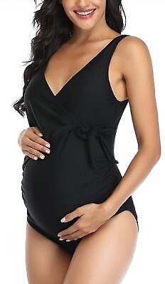 #ad Summer Mae Cute Maternity Swimsuit One Piece Tie Front Black Size S $18.00
