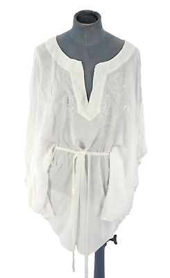 #ad Kabana Beach Up Cover Kaftan Dress White Embroidered Lightweight Tunic One Size GBP 13.99