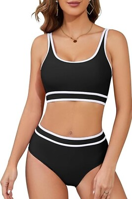 #ad Womens High Waisted Bikini Sets Sporty Two Piece Swimsuit Colour Block High Cut GBP 13.95