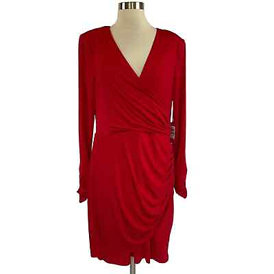 #ad Vince Camuto Women#x27;s Cocktail Dress Size 16 Red Long Sleeve Ruched Sheath $49.99