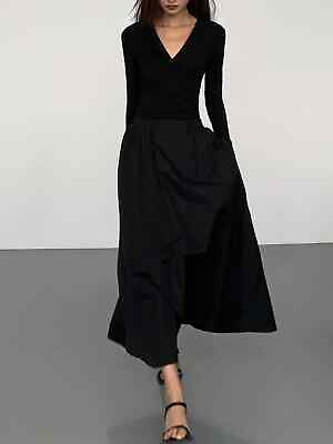 #ad Commense Womens V Neck Double Pockets Long Sleeve Maxi Dress Casual Black Medium $45.99