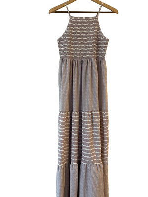 #ad Boho Womens Beige White Striped Smocked Tiered Maxi Dress Size S Sleeveless $21.24