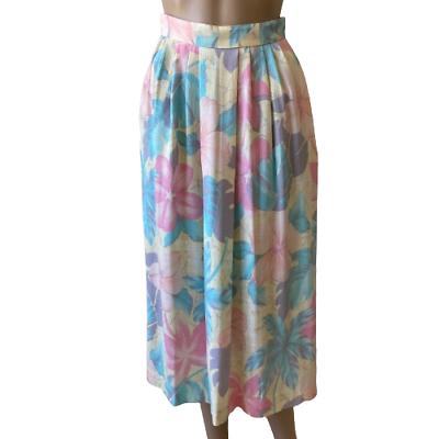 #ad Midi Skirt Emily St John Sz 5 6 Floral Pastel Print Pleats High Waisted Vintage $29.75