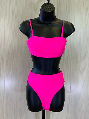 #ad Women#x27;s Two Piece Solid High Waisted Bikini Set Size M Hot Pink NEW MSRP $89 $16.99