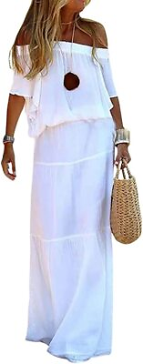 #ad Women#x27;s Summer Casual Off Shoulder Short Sleeve Tiered A Line Long Maxi Dress $15.99