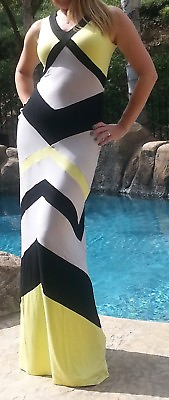 #ad Maya Antonia Chevron Yellow Grey Color Block Maxi DressExtra Long $22.97