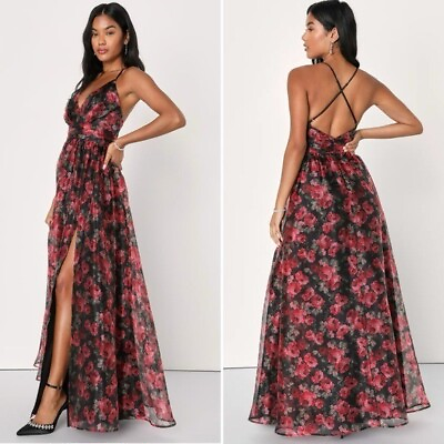 #ad NWT Lulu’s Black and Red Floral Print Maxi Dress Size XS $69.00