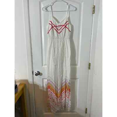 #ad Maurices White Pink Embroidered Chevron Spaghetti Strap Maxi Dress Small $14.00
