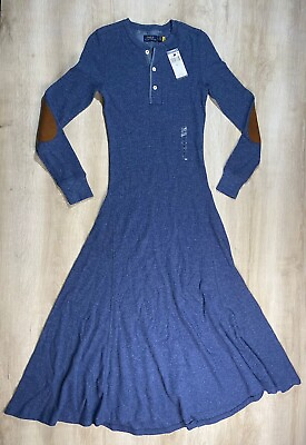 NWT Polo Ralph Lauren Women#x27;s Blue Maxi Dress Waffle Knit Long Sleeve $67.49