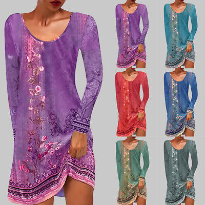 #ad Boho Women Round Neck T Shirt Dress Ladies Long Sleeve Floral Printed Midi Dress $13.59