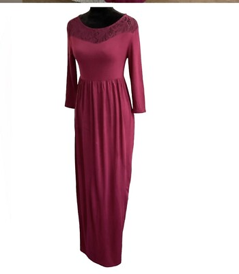 NWT Long Burgundy Medium Long Sleeve Maxi Dress With Lace detail $25.00