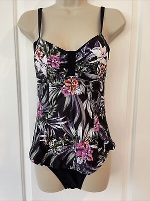 #ad Black Tropical Floral Size S One Piece Swimsuit Spaghetti Strap Skirted Purple $24.81