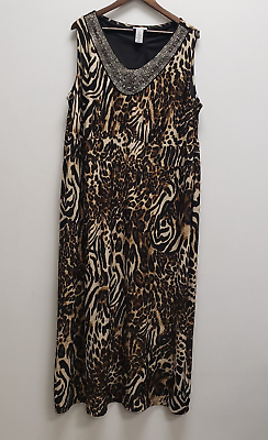 #ad Catherines Womens Beaded Leopard Print Maxi Dress Size 3X Brown V Neck Pullover $28.25