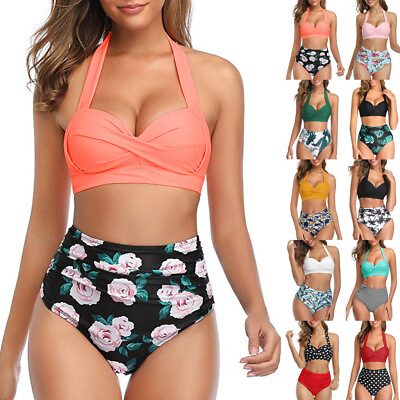 #ad Women Retro Swimsuit High Waisted Bottom Bikini Set Summer Swimwear $18.68