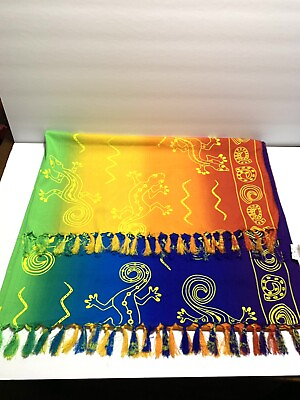 #ad Rima Rainbow Bright Multicolor Scarf Sarong Beach Cover Up Wrap Fringe Gecko $30.55