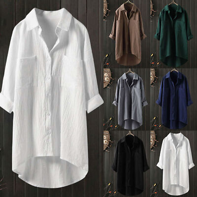 Plus Size Women Cotton Linen Shirt Dress Casual Baggy Tunic Long Blouse Tops Tee $18.69