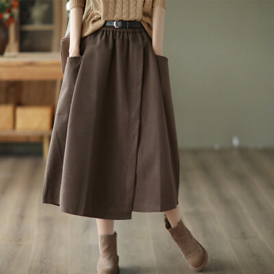 #ad Women Solid Color High Waist Elastic A Line Pocket Casual Mid Length Skirt Dress $35.45