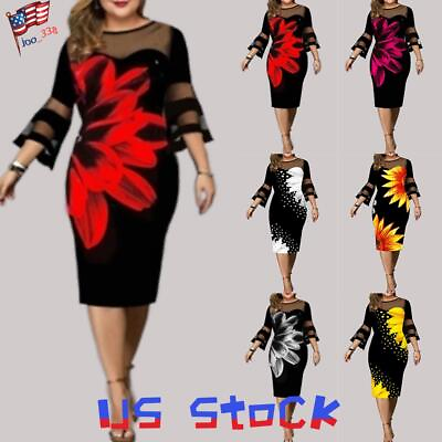 #ad Plus Size Womens Sexy Floral Party Bodycon Ladies Evening Cocktail Midi Dresses $29.79